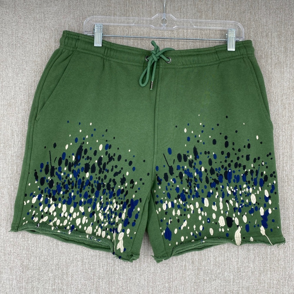 The Hundreds Shorts Men L Green Sweatshorts Bandulu Paint Splatter Embroider NEW